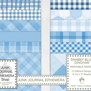 Shabby Blue Gingham Paper, Background, Junk Journal Pages, Shabby Blue Reverse Pages, Printable Sheets, Junk Journal Ephemera Store, Digi