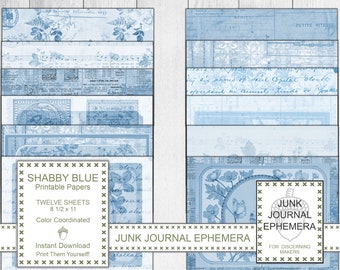 Shabby Blue Printable Paper, Blue Collage, Collage Reverse Page, Shabby Blue, Color Coordinated  Shabby Blue Ephemera, Junk Journal Ephemera