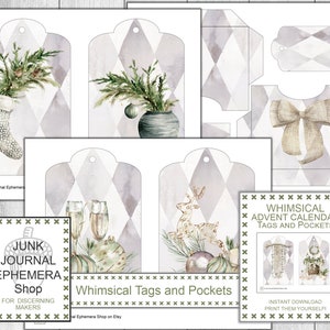 Etiquetas y bolsillos caprichosos del calendario de Adviento, Navidad, kit de regalos navideños, calendario de Navidad de bricolaje, descarga digital, tienda de diarios basura