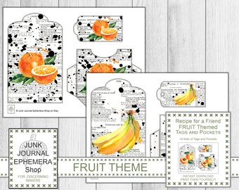Recipe for a Friend Fruit Themed Tags and Pockets, Recipe Cards, Vintage Cookbook
