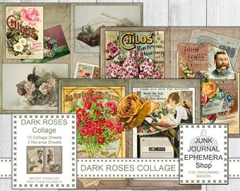 Dark Rose Ephemera Collage Pages, Rose Florals, Vintage Ephemera, Vintage Seed Catalogs, Vintage Roses, Collage Sheets