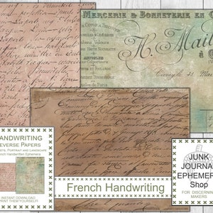 May include: Twelve sheets of vintage French handwriting reverse papers, featuring cursive script in brown ink on aged paper backgrounds. The papers are perfect for scrapbooking, junk journaling, and other paper crafts.