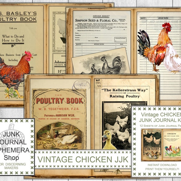 Vintage Chickens Junk Journal Kit, Nature Ephemera, Vintage Watercolor, Watercolor Ephemera