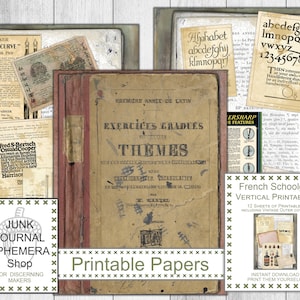 Papéis imprimíveis em formato de retrato de estudante francesa, coisas efêmeras francesas, caligrafia vintage, escrita vintage, caligrafia, grunge