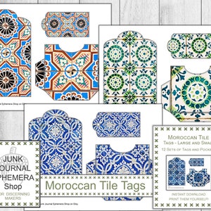 Vintage tegeltags en zakken, vintage ephemera, Marokkaanse tegel, junk journal kit, geladen zakken