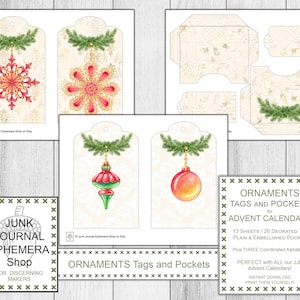 Christmas Ornaments Tags and Pockets, Christmas DIY, Christmas Ephemera, Advent Calendar, Holiday Gift Kit, Digi Download, Junk Journal Shop