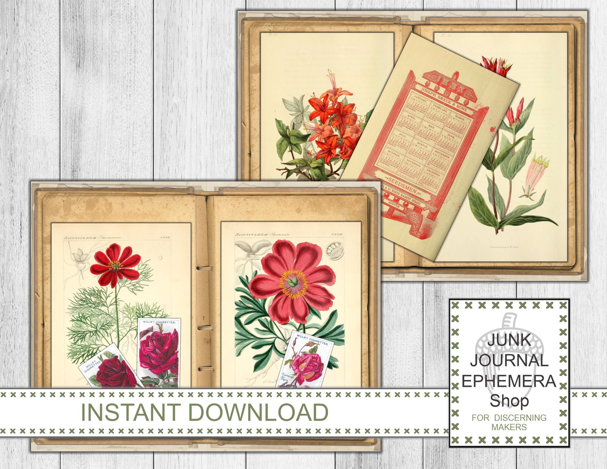 Vintage Red Floral Album Junk Journal Kit, Shabby Ephemera