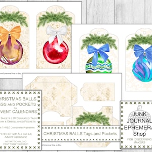 Christmas Balls Tags and Pockets, Christmas DIY, Christmas Ephemera, Advent Calendar, Holiday Gift Kit, Digital Download, Junk Journal Shop