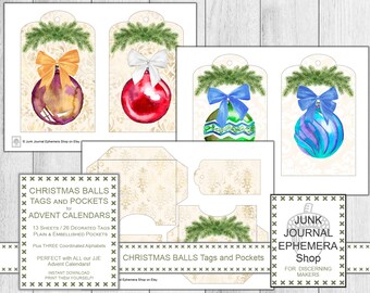 Christmas Balls Tags and Pockets, Christmas DIY, Christmas Ephemera, Advent Calendar, Holiday Gift Kit, Digital Download, Junk Journal Shop