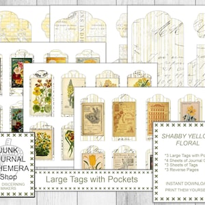 Shabby Yellow Floral Large Tag Pockets, Spring Printable Pages, Reverse Papers, Junk Journal Ephemera Shop, Coordinated Journal Cards, ATC