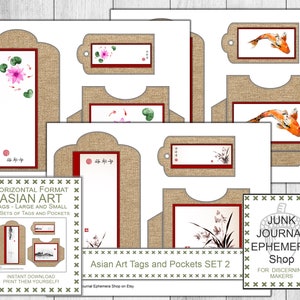 May include: Printable Asian art tags and pockets in a horizontal format. The set includes 12 sets of tags and pockets with images of lotus flowers, koi fish, and orchids. The tags and pockets are designed with a burlap background and red borders. The text "Horizontal Format Asian Art Tags - Large and Small 12 Sets of Tags and Pockets" is printed on the front of the set.