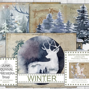 Könnte beinhalten: Ein Set mit 12 digitalen Collage-Papieren mit winterlichen Szenen mit einem Reh, Bäumen und einer Hütte. Die Papiere sind mit "Winter Enchantment Landscape Printable Papers" betitelt.
