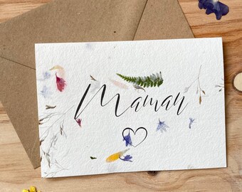 Carte poétique aux fleurs séchées « maman » fête des mères, bonne fête maman, maman je t’aime