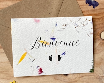 Carte poétique aux fleurs séchées « bienvenue  » naissance félicitations bébé
