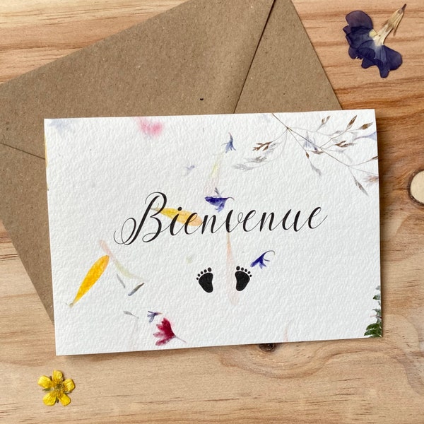 Carte poétique aux fleurs séchées « bienvenue  » naissance félicitations bébé