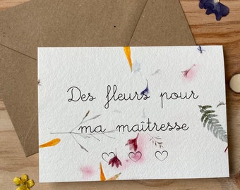 Carte poétique aux fleurs séchées « des fleurs pour ma maîtresse » merci maîtresse