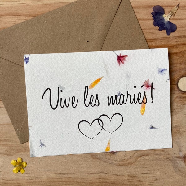 Carte poétique aux fleurs séchées « vive les mariés » mariage félicitations