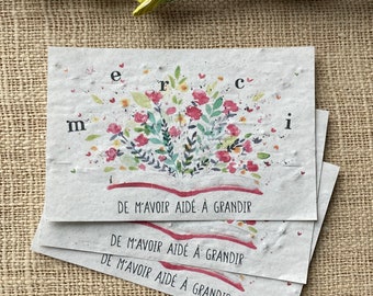 Lot de 10 mini cartes à planter « merci grandir » aux graines de fleur sauvages - merci maîtresse, maître, nounou, atsem…