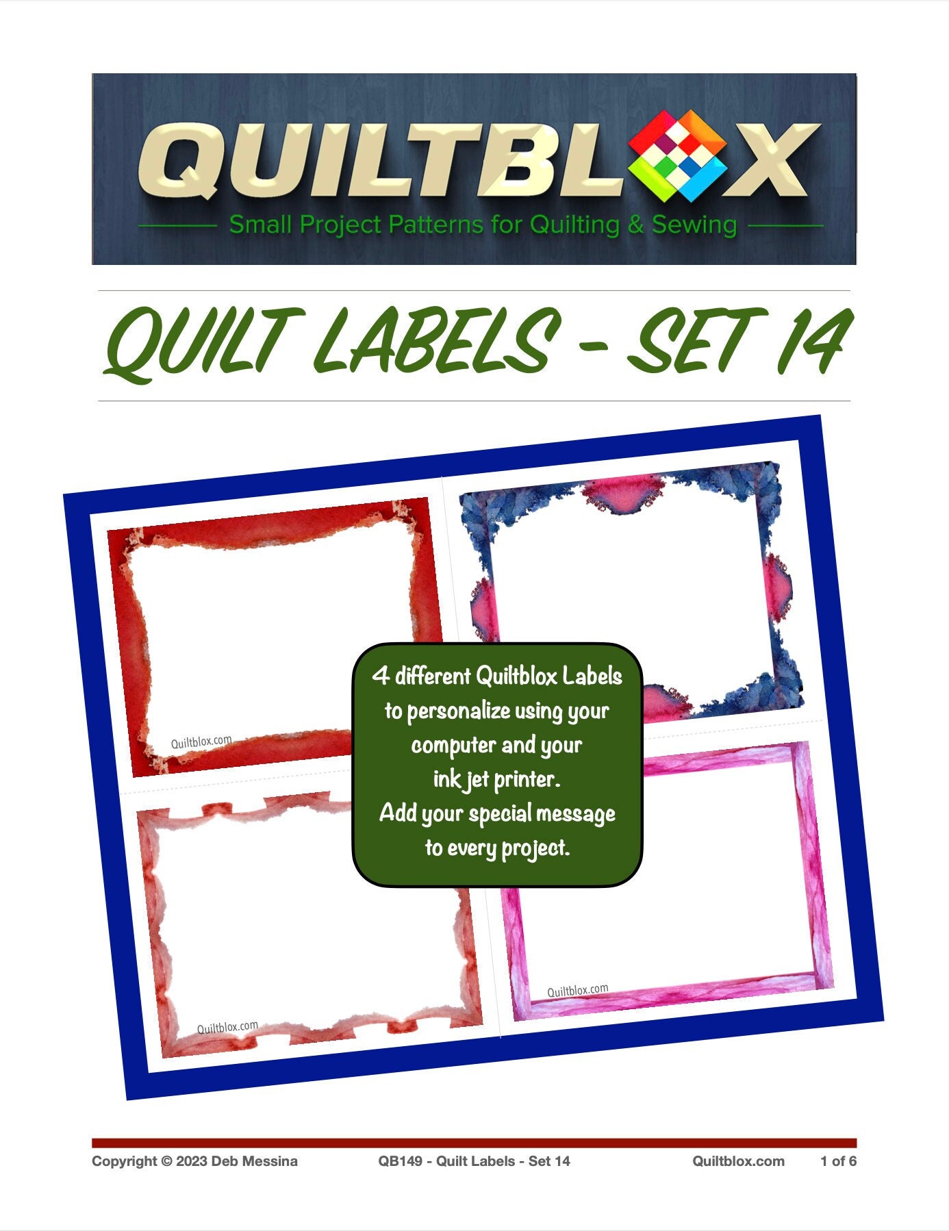 QB149 Quilt Label Set 14 – Red Frame, Blue and Pink Frame, Pink Frame and  Rust Frame