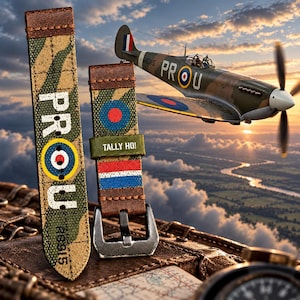 May include: A two-piece watch strap featuring a camouflage pattern, brown leather ends, and a metal buckle. The strap displays the text PROU, R6915, and TALLY HO!, along with a circular red, white, and blue roundel emblem design.