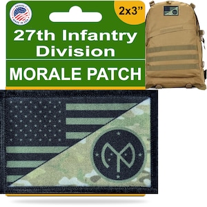 May include: A 2x3 inch morale patch featuring the 27th Infantry Division logo. The patch is a black and white design with a camouflage background. The logo is a circle with a stylized "M" and "D" inside. The patch is made in the USA.