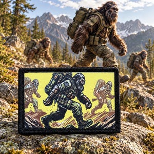 May include: A rectangular embroidered patch with a black border featuring a yellow background and a graphic illustration of three hairy creatures wearing tactical gear and carrying large backpacks while walking across a rocky mountain terrain.