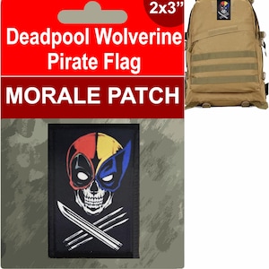 Puede incluir: Un parche de moral de 5,1 x 7,6 cm que presenta una calavera con espadas cruzadas. La calavera está dividida por la mitad, con el traje rojo y negro de Deadpool en un lado y el traje amarillo y azul de Wolverine en el otro. El parche es negro con contornos blancos.
