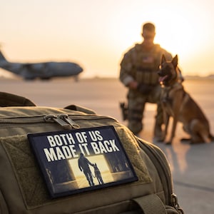 May include: A rectangular morale patch attached to a tan tactical backpack. The patch features a black border and white text that reads BOTH OF US MADE IT BACK, with an illustration of a silhouette of a person and a dog walking toward a bright light.