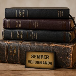 Op de afbeelding: Een stapel van vier bijbelboeken met verschillende covers, waaronder zwarte, donkerbruine en verweerde leertexturen. Een rechthoekige kaart met de tekst SEMPER REFORMANDA in zwart sjabloonlettertype rust tegen het onderste, grootste, versleten boek.