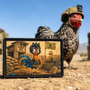 May include: A rectangular morale patch with a black border featuring a cartoon chicken in tactical gear standing in front of a wooden structure labeled CLUCK OPS NO FOWL PLAY and a flag that reads CLUCK AROUND FIND OUT with a chicken silhouette.