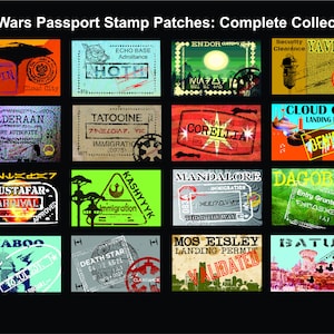 May include: A collection of 12 Star Wars themed passport stamp patches. Each patch features a different location from the Star Wars universe, such as Bespin, Tatooine, and Hoth. The patches are designed to look like authentic passport stamps, with a distressed, vintage look.