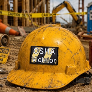 May include: A weathered yellow hard hat featuring a rectangular black and yellow striped patch on the front. The patch displays the white text OSHA Violator in a bold, sans-serif font. The helmet shows signs of heavy use with surface scratches.