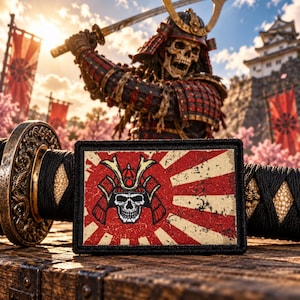 Morale Patch, Samurai Skull Rising Sun Flag,  2x3 Inch Hook And Loop