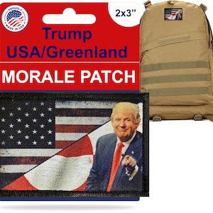 May include: A black and white morale patch featuring the American flag and a portrait of Donald Trump. The patch is 2x3 inches and is displayed with a tan backpack. The packaging reads "Trump USA/Greenland Morale Patch."