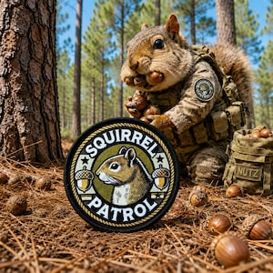 Squirrel Patrol Morale Patch: Hook and Loop, 3" Circle, Military Humor Gift