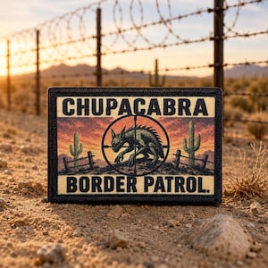 Può includere: Una toppa rettangolare ricamata con bordo nero raffigura un tramonto nel deserto. Il testo CHUPACABRA BORDER PATROL è stampato in nero. Un mirino circolare centrale incornicia la sagoma di una creatura scura tra due cactus.