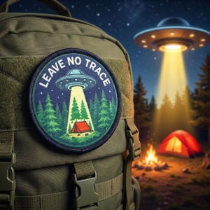 May include: An olive green tactical backpack featuring a circular embroidered patch. The patch depicts a dark blue night sky with a UFO beaming light onto a red tent in a forest, with the text LEAVE NO TRACE arched across the top border.