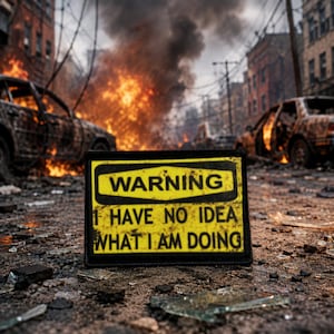 May include: A rectangular yellow and black sign with a distressed texture featuring the text WARNING I HAVE NO IDEA WHAT I AM DOING, positioned in a debris-filled street with burning vehicles in the background under a dark, smoky sky.