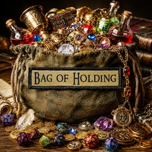 May include: A dark olive green fabric pouch with a rectangular patch reading BAG OF HOLDING, overflowing with gold coins, multi-coloured polyhedral dice, glass potion bottles filled with red and green liquid, gemstones, and a metallic skull pendant.