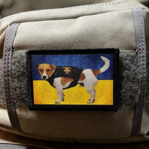 Puede incluir: Un parche negro con un perro blanco que lleva un chaleco amarillo con una bandera ucraniana. El perro está de pie sobre un fondo amarillo y azul.