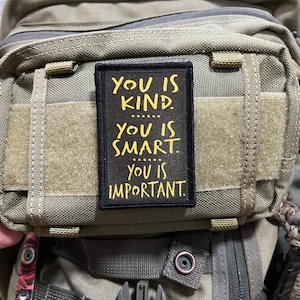 Könnte beinhalten: Ein schwarzer Patch mit gelbem Text, der "You is kind. You is smart. You is important." lautet.
