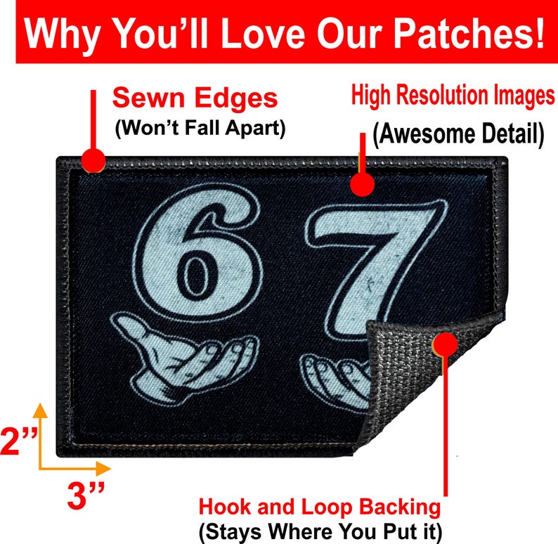 6 7 funny meme velcro morale patch. 2x3 custom 6 and 7 patches for your backpack, plate carrier accessories, hat, vest or tactical gear.