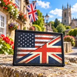 May include: A rectangular patch featuring a split design with the American flag on the left and the British Union Jack on the right. The patch has a black stitched border and a distressed, weathered texture across the red, white, and blue colors.