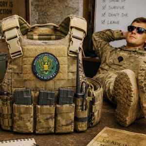 May include: A tan tactical plate carrier vest featuring a circular patch with a green background, a gold eagle emblem, and the text BEHOLD THE SACRED SHIELD OF THE SHAMURAI. The vest includes three black magazine pouches and a radio holster on the front.