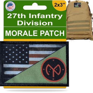 May include: A 2x3 inch morale patch featuring the 27th Infantry Division insignia. The patch is a green, red, and black design with a white star field and red and white stripes. The patch is embroidered with the text "27th Infantry Division" and the division's insignia, a stylized "M" with a star in the center.