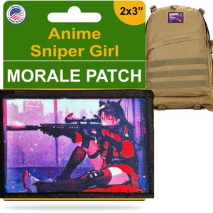 May include: A rectangular morale patch with the text "Anime Sniper Girl" and an illustration of an anime character aiming a rifle. The patch is 2x3 inches and has a black border. A tan backpack is in the background.