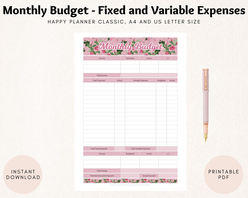 Printable Monthly Budget Fixed and Variable Expenses Etsy