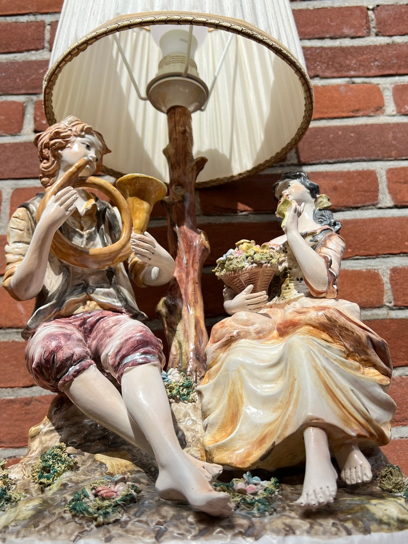 tafellamp capodimonte porselein man vrouw beeld barok Italiaans Vintage lamp zdjęcie 3