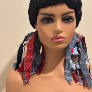 Mixed Fabric and denim Fringe Earrings: Lightweight Leather Cloth Statement Earrings