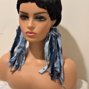 Handmade Denim Fringe Statement Earrings: Shredded Fabric